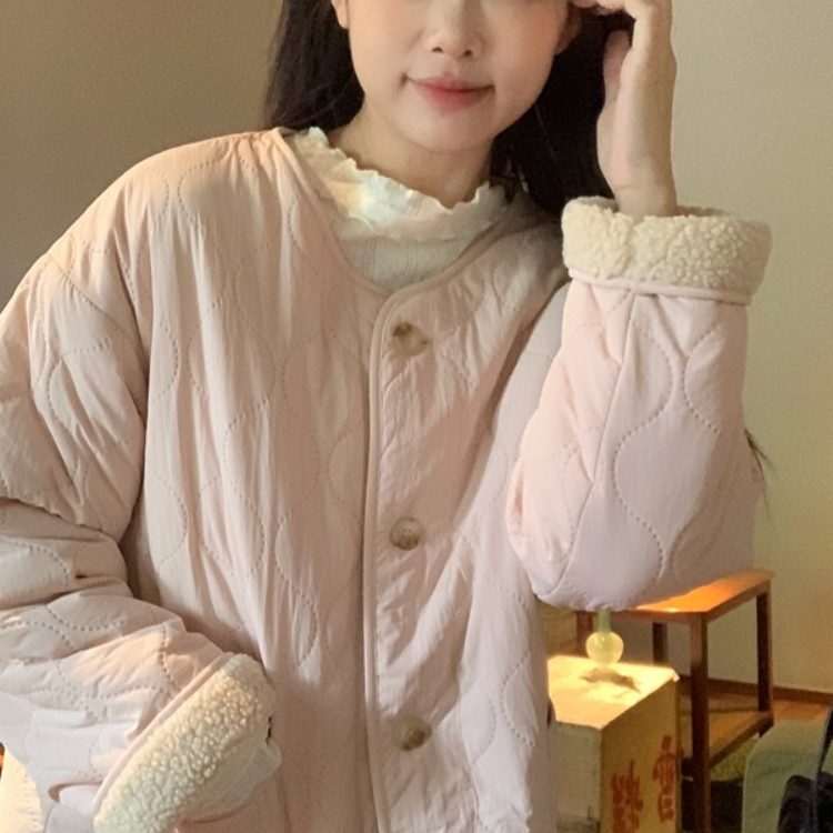 粉色加厚圆领羊羔毛外套棉服女秋冬小个子宽松保暖短款棉衣