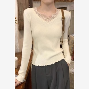 带花边针织衫V领蕾丝拼接打底针织衫女2025秋冬新款内搭毛衣高级