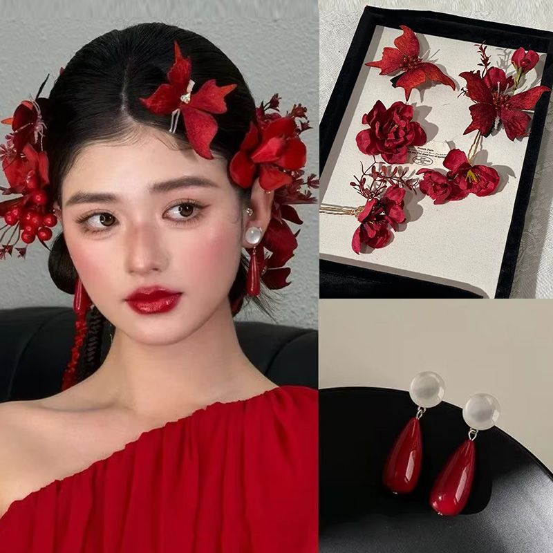 订婚宴头饰新娘新款头饰红色花朵蝴蝶发夹发簪结婚敬酒服跟妆造型
