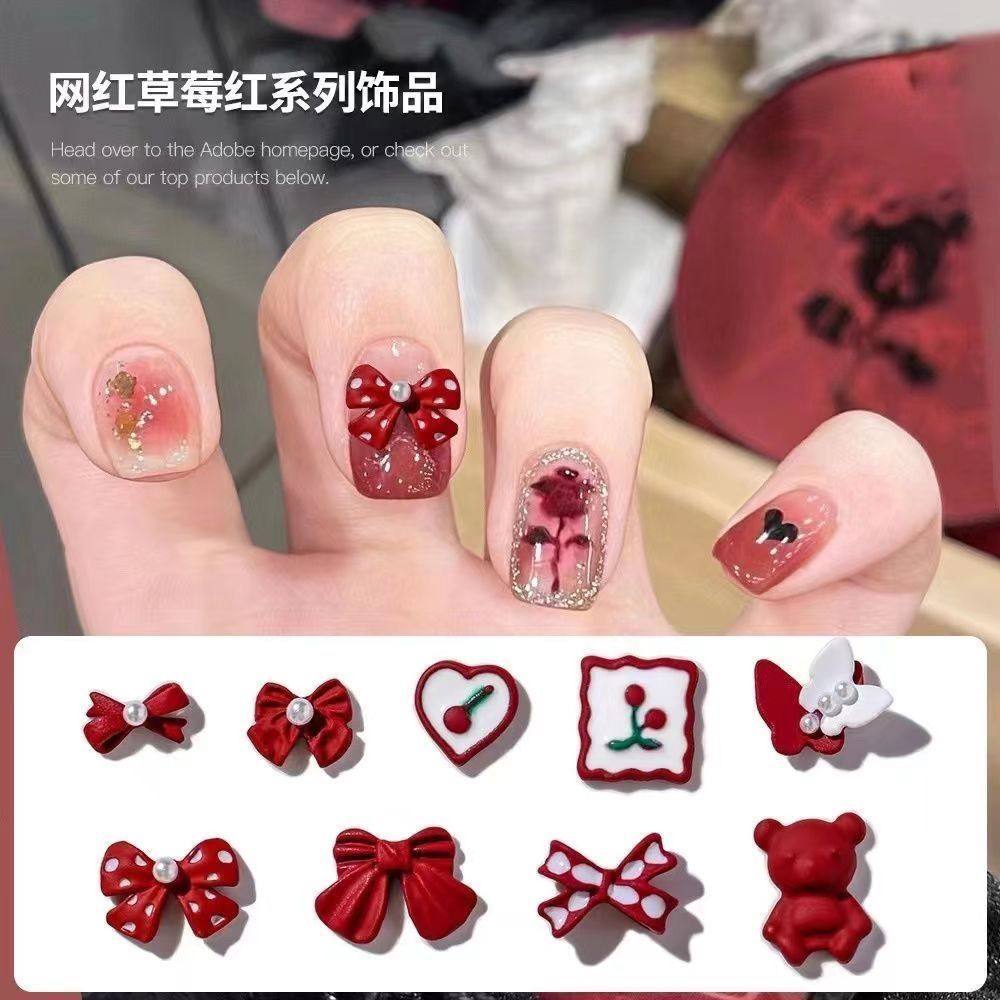 美甲点缀小饰品新年网红新款红色喜庆珍珠蝴蝶结爱心合金爆款美甲