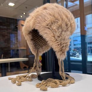 女款流苏帽子冬季春节氛围加厚毛绒兔毛针织防寒保暖护耳毛线显脸