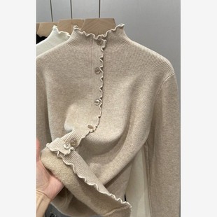 带花边针织衫欧货木耳边半高领加绒加厚打底毛衣女秋冬一体绒保暖