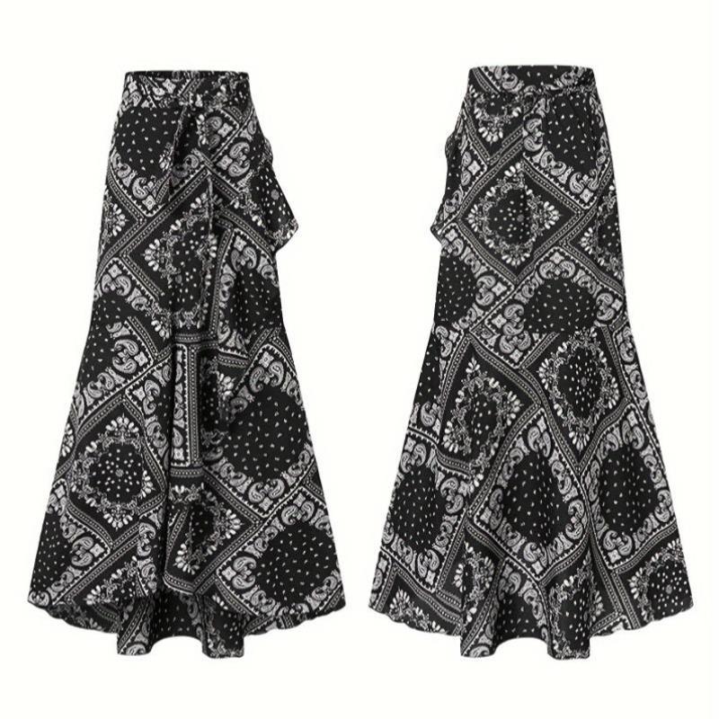 2025跨境新款欧美优雅的大码碎花裙配腰带高腰人鱼裙