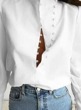 Women's Plain Button Front Shirt Casual Elegant Long Sleeve