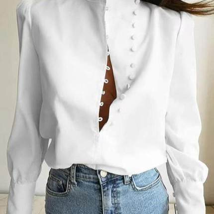Women's Plain Button Front Shirt Casual Elegant Long Sleeve