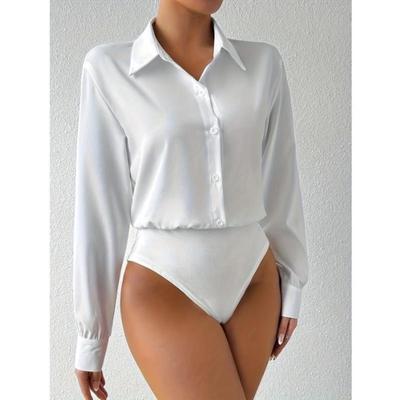 Elegant Long Sleeve Button Front Bodysu for Women Solid
