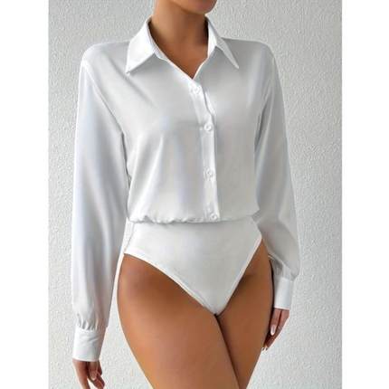 Elegant Long Sleeve Button Front Bodysu for Women Solid