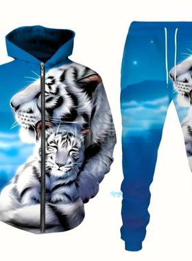 men's 3D Animal Print Polyester Hooded Sweatirt and Pants