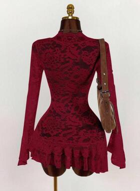 D 968 H 64938外贸代发款速卖通跨境V领酒红色迷你连衣裙全身蕾