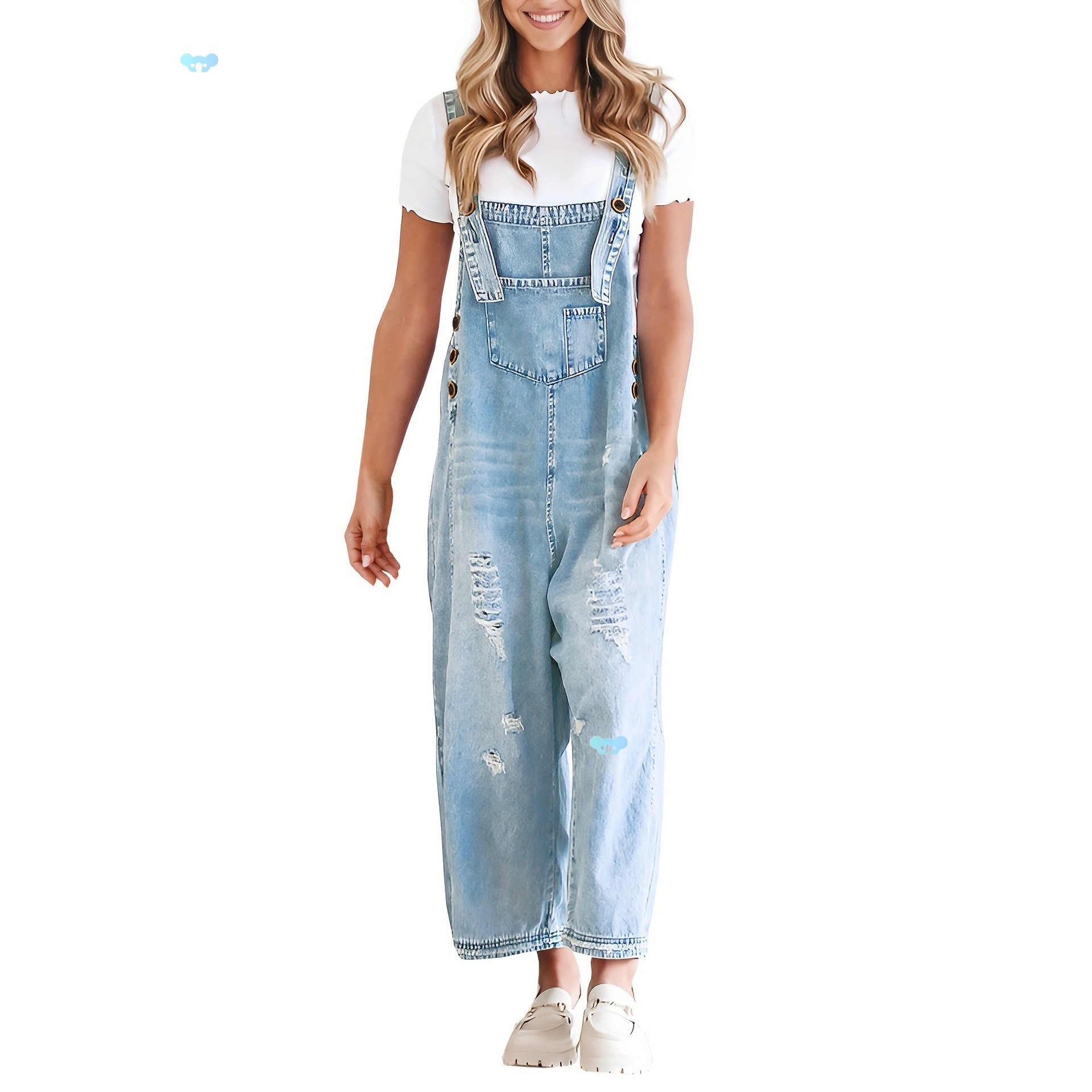 Light Washed Blue Denim Overalls Ripped Distressed Style