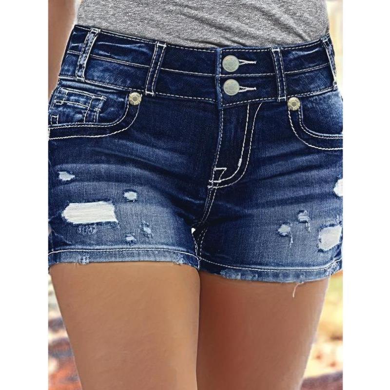 跨境热销外贸款代发 Shorts 女款做旧纽扣开裆牛仔短裤休闲基础款