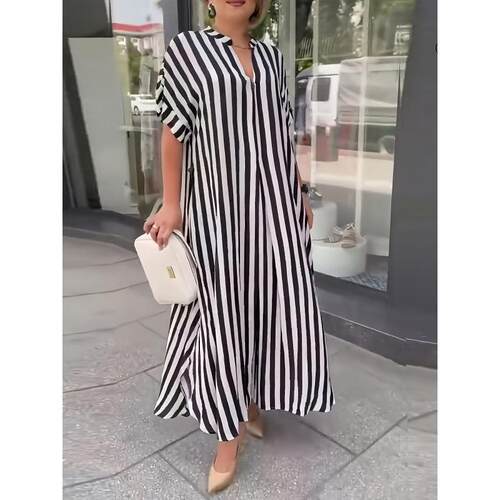 Q 27616 Plus size black white stripe V-neck dress 大码黑白条