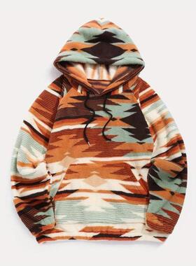 跨境 Hoodies Sweatirts 女款几何印花抽绳毛绒连帽衫休闲长款