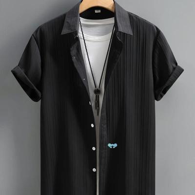 men's Casual Short Sleeve Button Up Shirt Black Vertical跨境