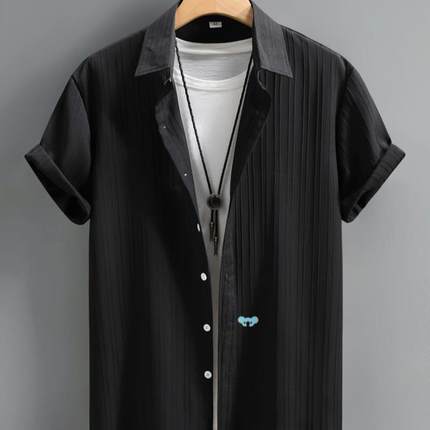 men's Casual Short Sleeve Button Up Shirt Black Vertical跨境