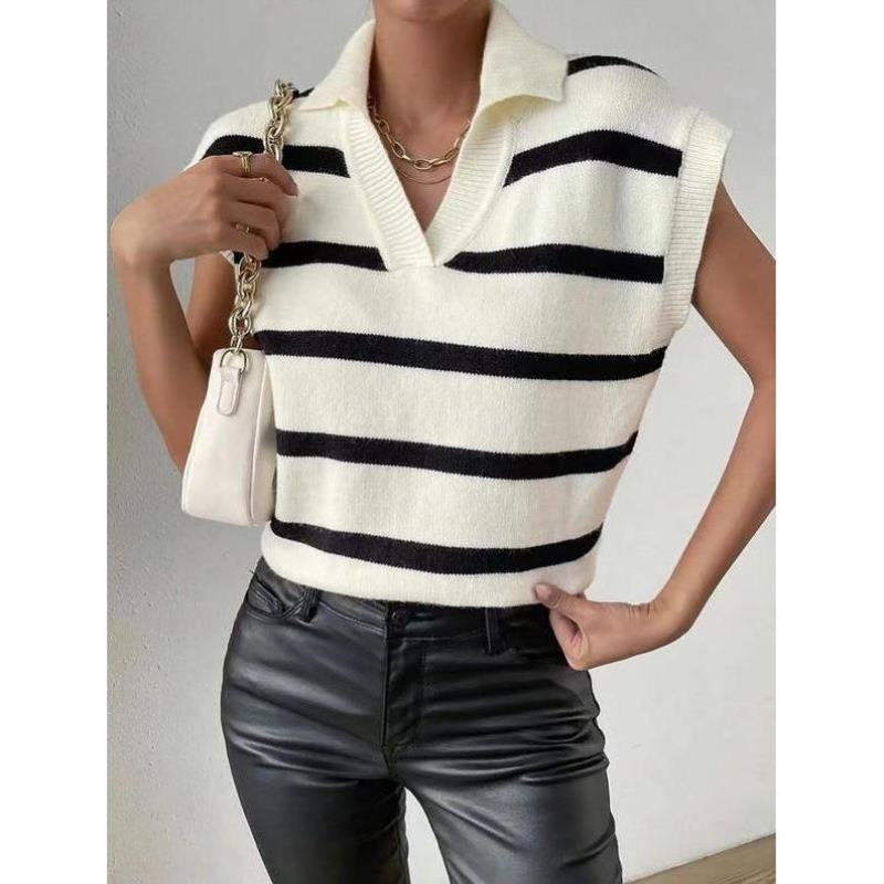 外贸代发款跨境 Women's Vests 女士条纹印花领口针织背心夏季穿