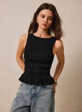 外贸新款跨境 Tank Tops Camis 纯色百褶圆领休闲背心