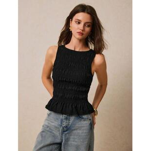Tops 外贸新款 跨境 Tank 纯色百褶圆领休闲背心 Camis