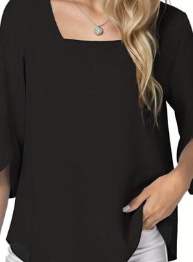 2025跨境新款欧美深蓝色不对称方领女式休闲上衣跨境代发