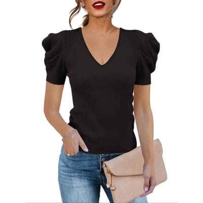 J 36011 V-neck Bubble Sleeve T-shirt V领泡泡袖T恤