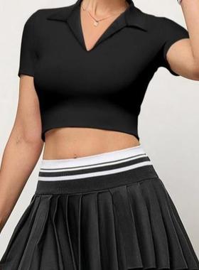 Women's Solid Color Polo Neck Crop Casual Slim fting Short