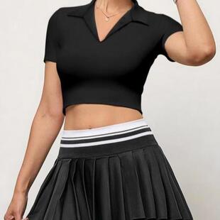 Women's Solid Color Polo Neck Crop Casual Slim fting Short