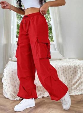 跨境外贸新款速卖通 Pants 翻盖口袋侧抽绳腰红色长裤