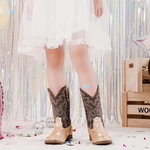 Sparkling Glter Cowboy Boots for Youngsters Mid Calf跨境