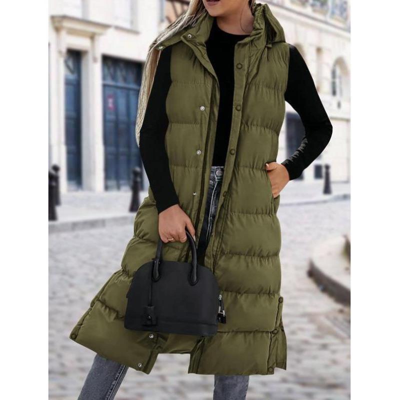 W 281 Women's Long Puffer Vest wh Quilted Hood and Button