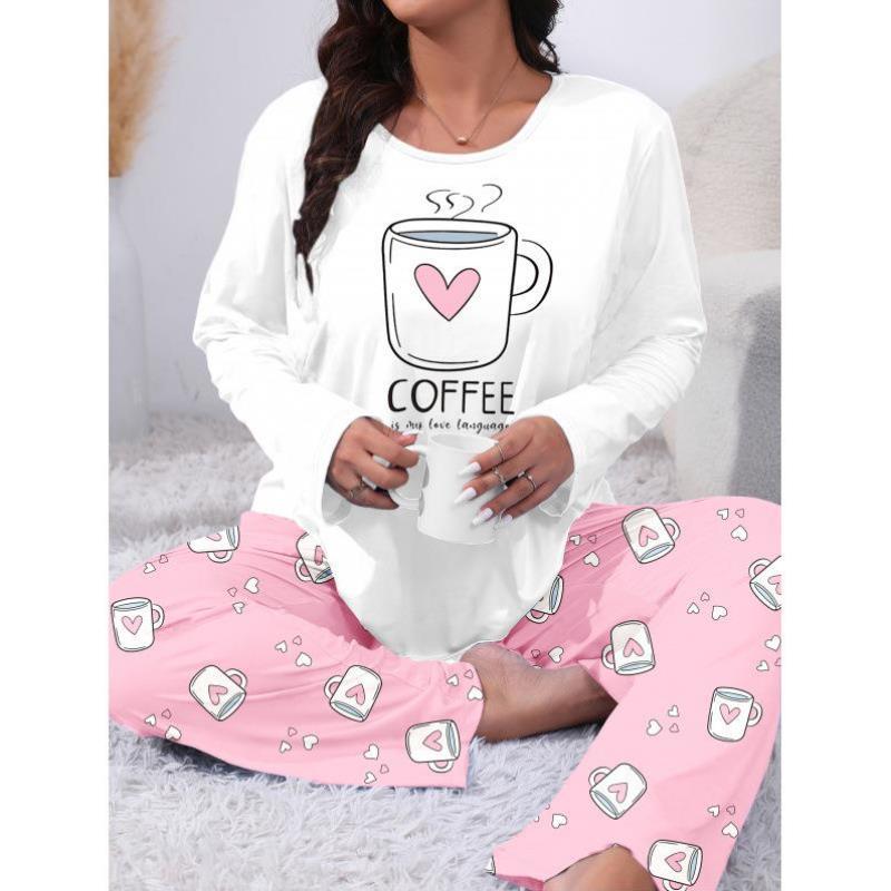 外贸Plus Size Coffee Letter Print Women's Long Sleeve Pants