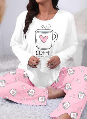 外贸Plus Size Coffee Letter Print Women's Long Sleeve Pants
