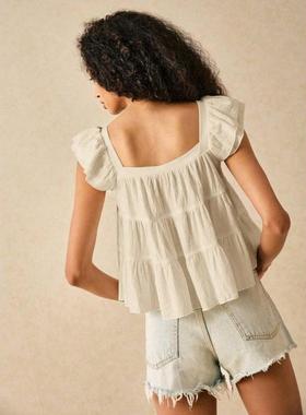 D 795 款Frenchy Women Square Neck Flounce Hem Short Cap