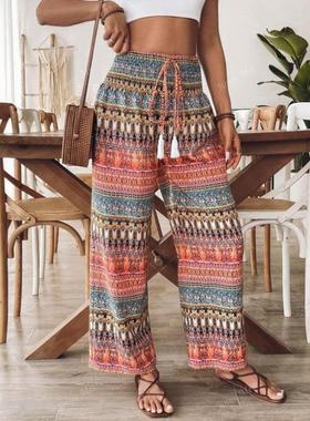 O 16485 速卖通新款外贸跨境女式休闲印花抽绳腰阔腿裤