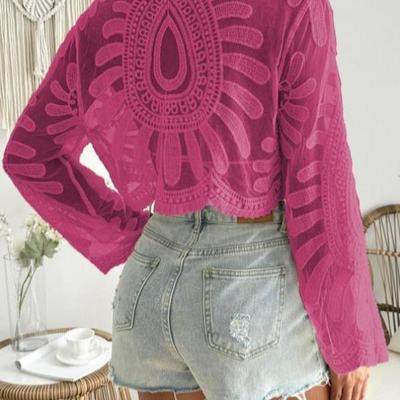 款Women's Floral Embroidery Semi eer Cover Up Top Boho