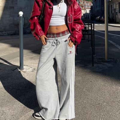 H 125 Double Waist Plaid Patchwork SweatPants Baggy Wide