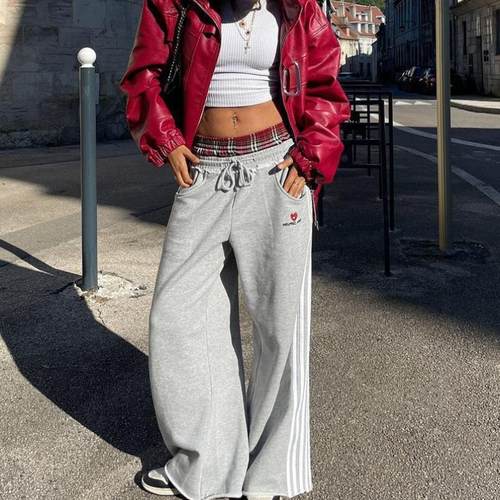 H 125 Double Waist Plaid Patchwork SweatPants Baggy Wide