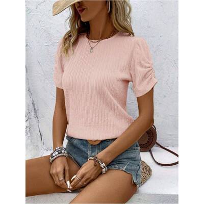 I 80019 Round Neck Ruffle Sleeve Top 圆领缩褶短袖