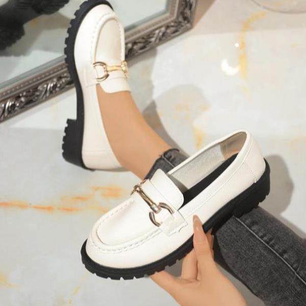 跨境Faion Buckle Loafers Women's Whe Black Chunky Sole.