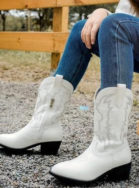 Girls Cowboy Boots Pull On Cowgirl Boots Pointed Toe Mid跨境
