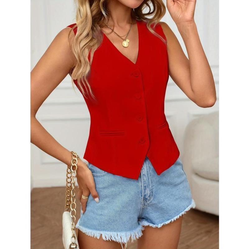 跨境热销外贸款代发 Women's Vests 女士优雅无袖领背心纯色款