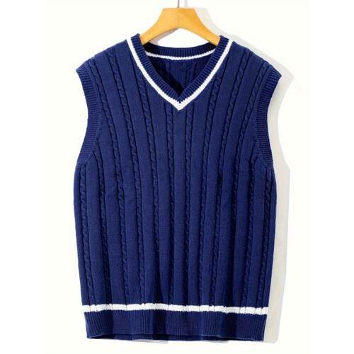 H 80097 V Neck Cable Knit Sweater Vest 英伦学院风马甲
