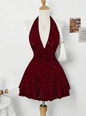 P 85357 速卖通新款外贸跨境女士优雅派对度假亮片吊带裙