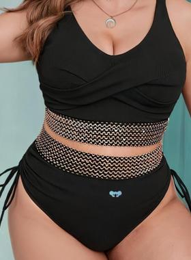 Black V neck Wide Shoulder rap Sequin Braided Fabric plus