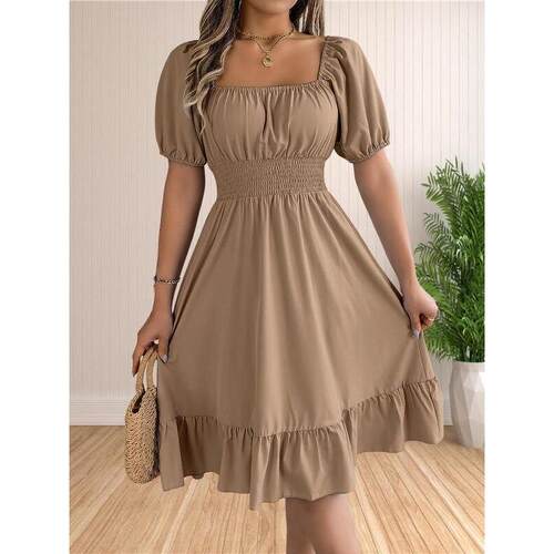 H 83595 Square Neck Short Sleeve Waist Tie A Line Dress 方领