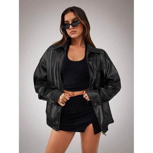 H 51686 Lapel elastic waist PU coat 翻领松紧腰 PU 皮外套