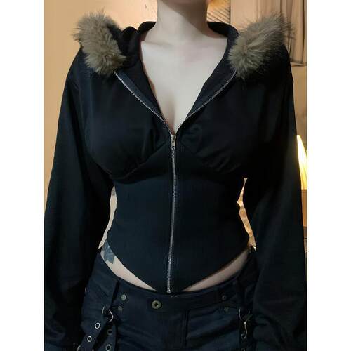 H 85475 Furry hooded zip up jacket 毛毛领连帽束腰短外套