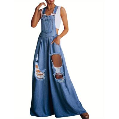 H 86712 Distressed Denim Overalls 破洞牛仔背带裤欧美
