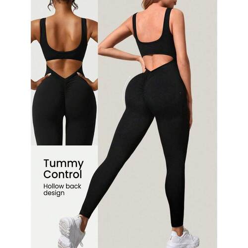 T 53068 Seams Knit Yoga Jumpsuit with Padded Bra 螺纹瑜伽