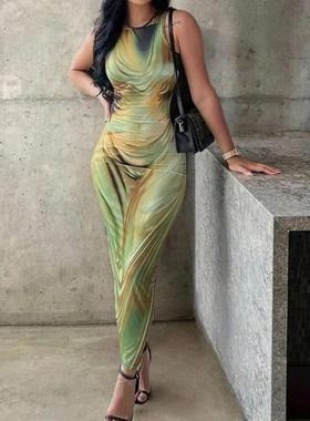 O 82505 跨境外贸代发扎染印花修身长款连衣裙夏季绿色长裙