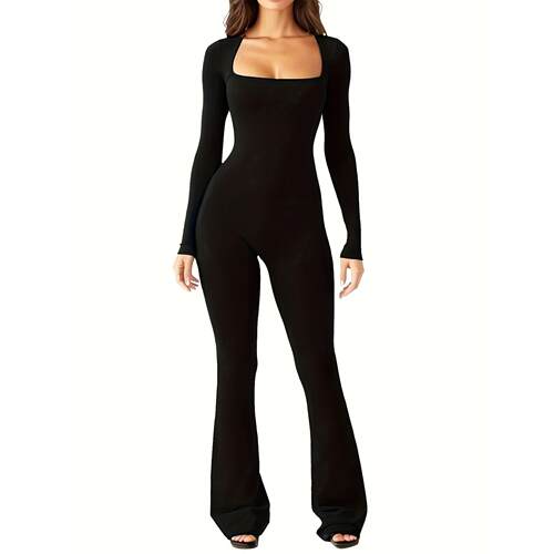 I 18046 Long Sleeve Square Neck Wide Leg Jumpsuit 长袖方领连